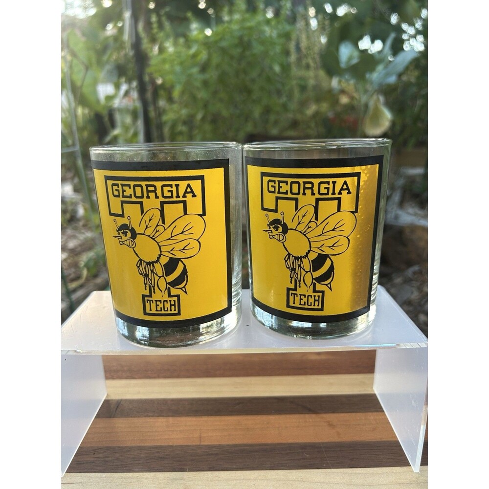 Vintage 2x Georgia Tech Yellow Jackets 4” Lowball Rocks Beverage Glasses
